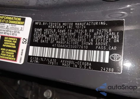 2025 Toyota Camry Xle z USA, uszkodzony, nr VIN 4T1DAACK2SU077610